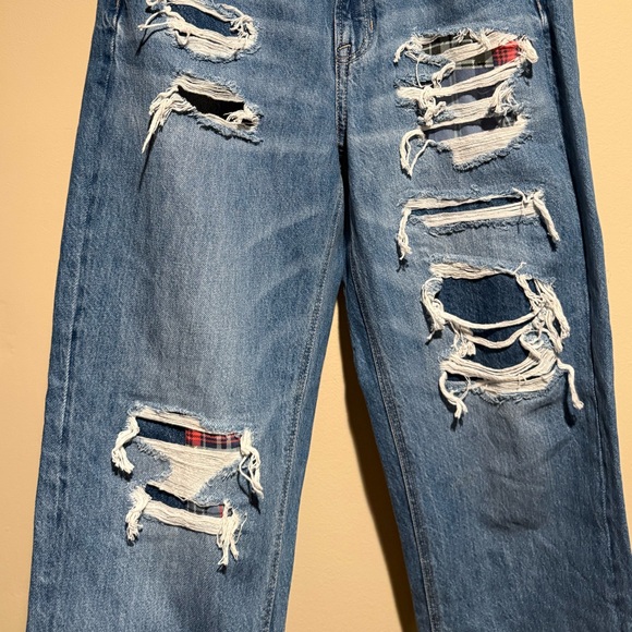 NWT American Eagle Mom Straight Jean Blue Denim plaid patchwork size 8 reg - Picture 4 of 12